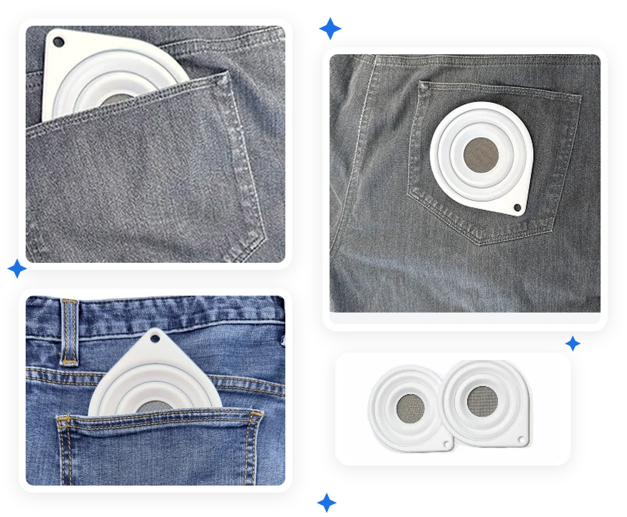 PocketStrainer folded flat, tucked into jeans and pants pockets — pocket-sized and portable